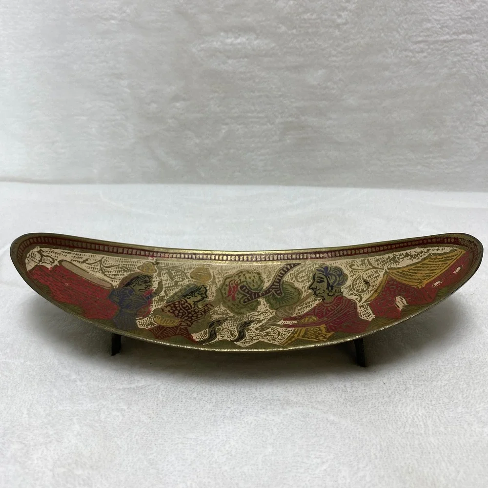 Vintage Decorative Brass Tray Hand Painted‎ Figurines Snake Scene